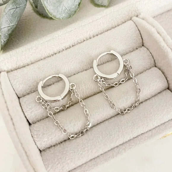 925 Sterling Silver Huggie Earrings Dangle Chain Earrings Small Hoops Huggies - Picture 7 of 7